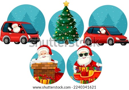 Set of Christmas theme with Santa, car, Christmas tree illustration jpg