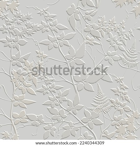 Textured 3d leafy seamless pattern. White tropical embossed vector background. Repeat surface floral backdrop. Branches and leaves 3d emboss ornaments. Endless grunge texture with embossing effect. Royalty-Free Stock Photo #2240344309