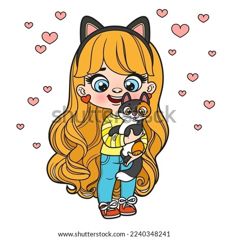 Cute cartoon girl with cat in hands color variation coloring page on white background
