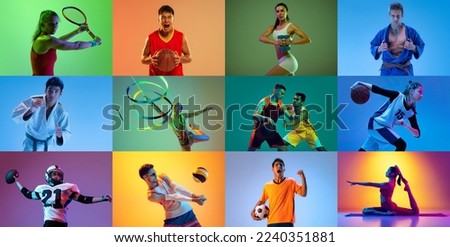 Collage. People, atheletes of different age doing various sports isolated over mulricolored background in neon. Concept of action, motion, sport life, motivation, competition. Copy space for ad.