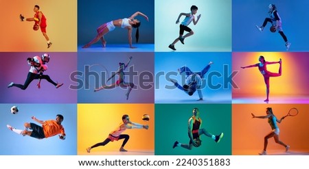 Collage. People, atheletes of different age doing various sports isolated over mulricolored background in neon. Concept of action, motion, sport life, motivation, competition. Copy space for ad. Royalty-Free Stock Photo #2240351883