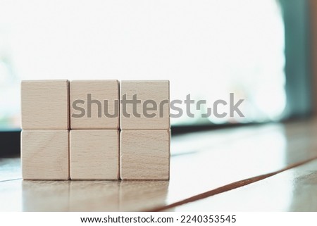 Business design,financial,education,abstract,logo,text concept.,Two row with Three Blank wooden cubes each on left side over window with copyspace.,Banner,wallpaper,background idea.