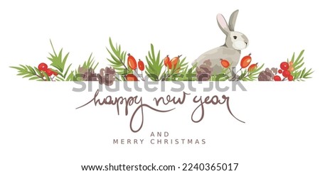 Greeting card for christmas and new year rabbit's. Vector illustration with fir branches, red berries, cones and funny rabbit.	