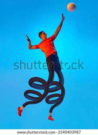 Contemporary art collage. Creative design. Serving. Male professional volleyball player in uniform training on blue background. Inspiration, idea, fantasy, surrealism, fashion and style. Sport.