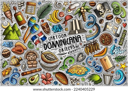 Cartoon vector doodle set of Dominican Republic traditional symbols, items and objects Royalty-Free Stock Photo #2240405229