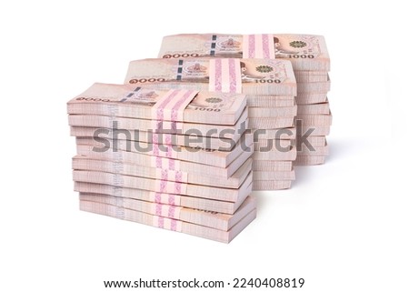 Stack of three million thai baht banknote money isolated on white background.