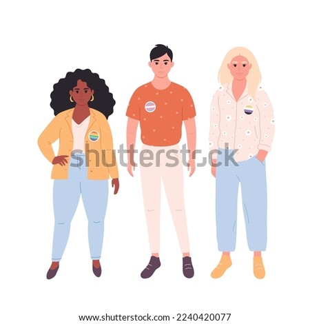 Young people with LGBTQ pins. Gender-neutral movement. LGBTQ community. Hand drawn vector illustration