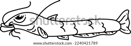 Catfish doodle. Cute single sea horse with smile. Cartoon white and black vector illustration.