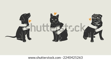 domestic cat and dog simple minimal silhouette. human hands hugging animal. logo icon infographic for veterinary, pet shelter, pet adoption and animal charity