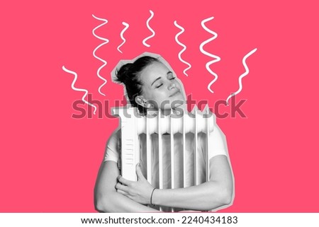 Photo collage of a woman hugging a warm radiator in a black-white filter, on a cartoon background.
