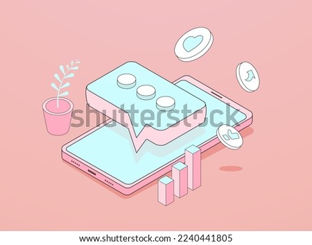SMM Marketing - social media promotion, comment and like, cross-posting, digital marketing, smm and mobile post sharing. Social media engagement smm isometric flat design outline icon illustration Royalty-Free Stock Photo #2240441805