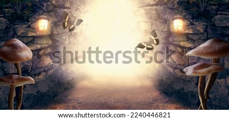 Fantasy dungeon cave with glowing lanterns on walls, mushrooms and two flying butterflies, lamps illuminate magical trail leading out from cavern, background with abandoned ruins, road and tunnel.