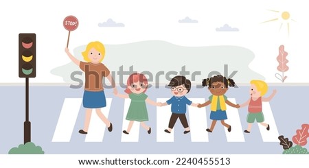 Caucasian educator or teacher with group of children cross road at crosswalk. Pedestrian safety, people follow rules of road. City view, urban road, traffic light. Multiethnic kids at street. vector. Royalty-Free Stock Photo #2240455513