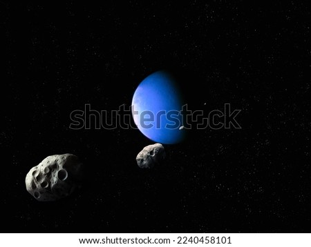 View of the Earth-like planet from afar. Blue planet and large asteroids in deep space. A planet from a distant star system is surrounded by asteroids.
