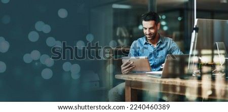 Tablet, research and night with a business man work overtime in a dark office for dedication. Data, innovation and management with a male employee working alone after hours in the evening with mockup Royalty-Free Stock Photo #2240460389