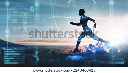Hologram, athlete and running for wellness, exercise for healthy lifestyle and track heart rate. Male, futuristic and runner with digital sports, double exposure for marathon and fitness training. Royalty-Free Stock Photo #2240460425