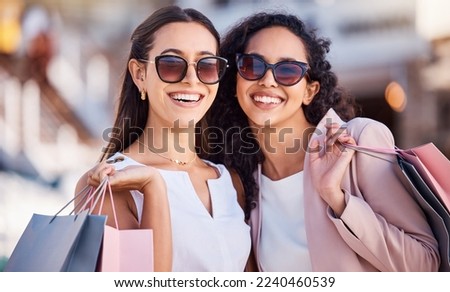 Happy, shopping bag or friends with luxury fashion in a city for clothing products on sale deals or discount offers. Paris, smile or excited women walking on a fun girls trip on holiday vacation