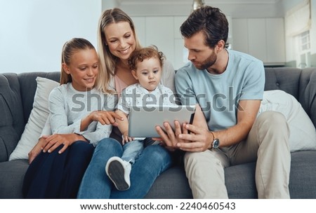 Family, tablet and on couch with parents, children or watch cartoon for bonding. Mother, father and baby with female child, streaming or connectivity for social media, loving or quality time together