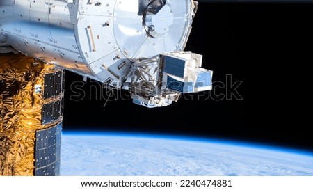 Researchers are using a space station instrument to study lightning and gain a better understanding of it. Digitally enhanced. Elements of this image furnished by NASA.   Royalty-Free Stock Photo #2240474881
