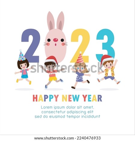 Happy new year 2023 greeting card Colorful Merry Christmas kids background, happy children with party HNY, year of the rabbit banner Template for advertising brochure. poster Vector Illustration
