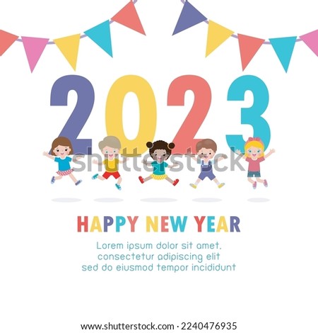 Happy new year 2023 greeting card Colorful Merry Christmas kids background, happy children with party HNY, year of the rabbit banner Template for advertising brochure. poster Vector Illustration