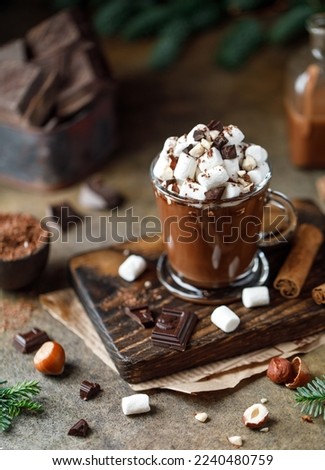 Hot chocolate with marshmallows on dark background. Hot beverage with cocoa