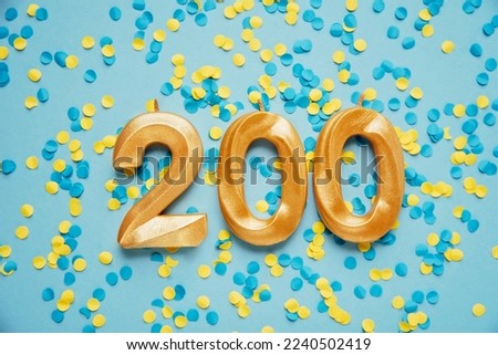 200 two hundred followers card. Template for social networks, blogs. on yellow and blue confetti Festive Background. Social media celebration banner. 200 online community fans. two hundred subscriber