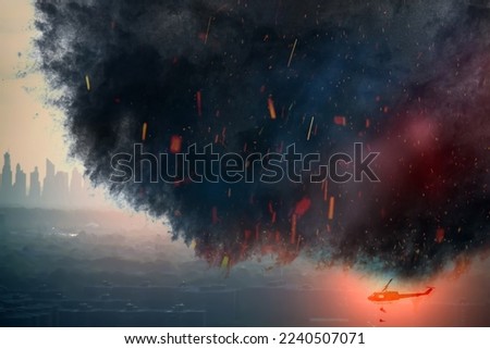 battlefield, smoke and disaster scenario on the background of the city. Royalty-Free Stock Photo #2240507071