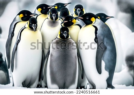 Small group of curious emperor penguin together basks in cold Royalty-Free Stock Photo #2240516661