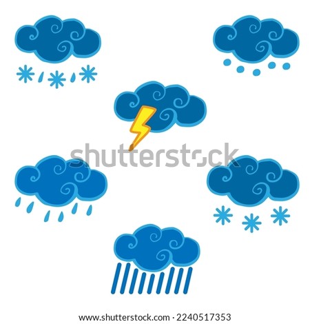 Weather icons set. Hand drawn vector doodle illustration. Rainy, snowy weather cloud, hail, thunderstorm, lightning storm clip-art for logotype, icon, weather forecast design.