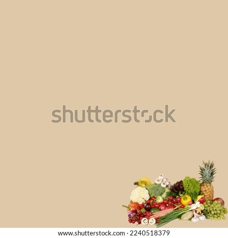 set of different fruits and vegetables background concept. Healthy food background.