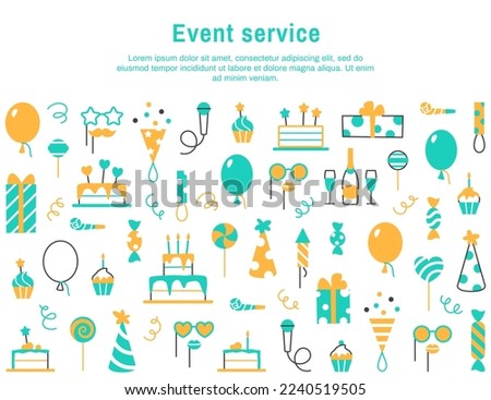 Event service background with text space. Flat line Birthday party carnival festival celebration banner with fun color minimal abstract elements cake gift balloon wine muffin candy illustration
