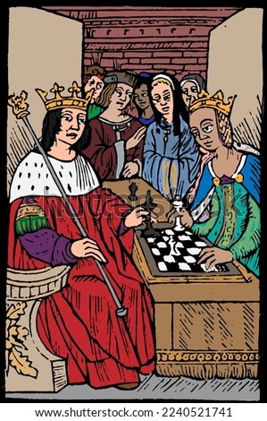Medieval king and queen playing chess with courtiers observing, early 16th century France.