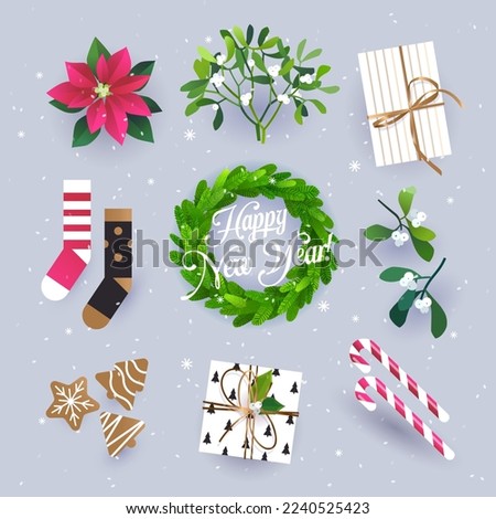 Christmas traditional decorations, winter holiday spirit, Happy New Year greeting card assets