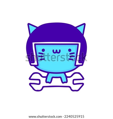 Sweet baby cat wearing helmet and holding wrench doodle art, illustration for t-shirt, sticker, or apparel merchandise. With modern pop and kawaii style.