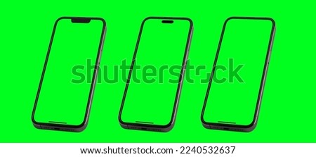 Studio shot of mobile phone or smartphone with green screen in vertical position isolated on background. Mock up mobile for Infographic Global Business web site design app - Clipping Path