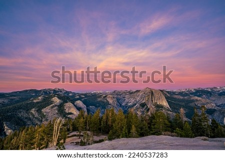 Yosemite valley at sunset in winter. View on the Half Dome from Sentinel Dome. Royalty-Free Stock Photo #2240537283
