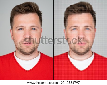 Two photo on young man with good clarity and pixeled. Bad and good quality of photo for id