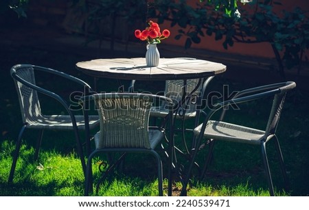 Table and chairs in summer garden. Red flowers in vase.