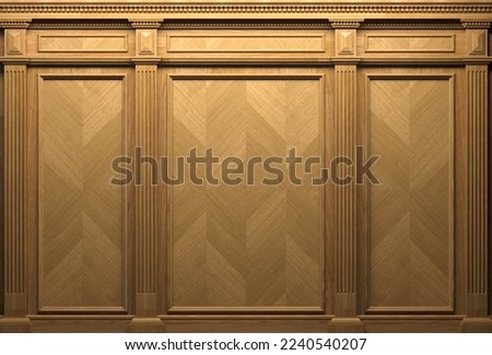 3d illustration. Classic wall with vintage brown beech wood panels . Joinery in the interior. Background. Royalty-Free Stock Photo #2240540207