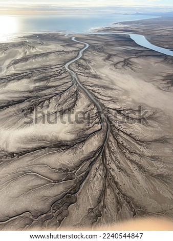 This aerial photo showcases the intricate and abstract tree patterns in the Colorado River delta in Mexicali Baja California, Mexico. Royalty-Free Stock Photo #2240544847