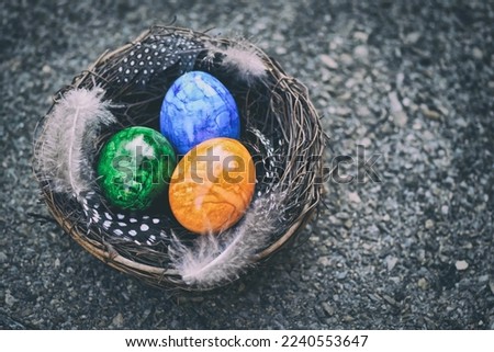 Easter eggs are orange, blue, green. on a bird's nest covered in bird feathers. which is located above the ground.