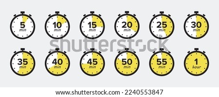 Timer, clock, stopwatch isolated set icons with different time. Countdown timer symbol icon set. Sport clock with red colored time meaning. Label cooking symbols. Stopwatch signs. 10 EPS.