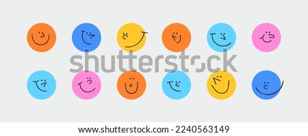 Colorful cartoon character face circle illustration set. Funny people faces doing diverse gesture and mood expression in trendy cartoon style. Social media reaction sticker, children drawing concept. Royalty-Free Stock Photo #2240563149