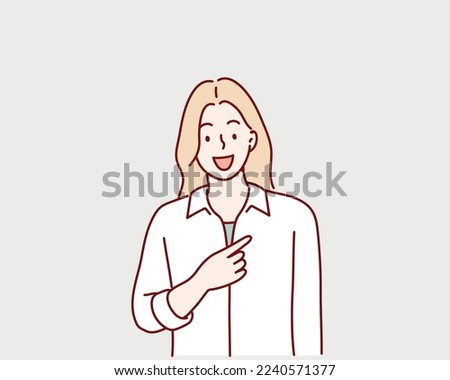 Happy woman pointing fingers at herself. Hand drawn style vector design illustrations.
