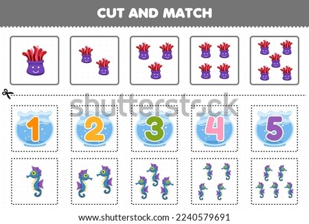 Education game for children cut and match the same number of cute cartoon seahorse and anemone printable underwater worksheet