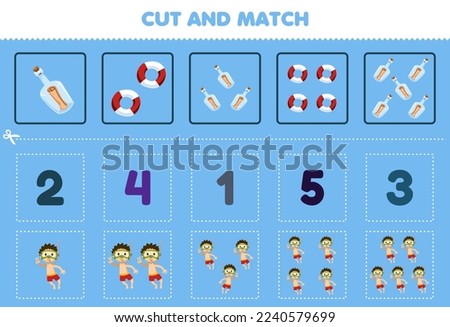Education game for children cut and match the same number of cute cartoon diver bottle and lifebuoy printable underwater worksheet