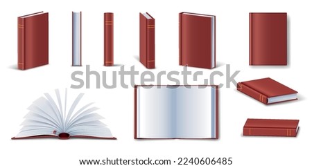 Realistic red books set. Collection of graphic elements for website. Education, training and learning, magic and sorcery, library and literature. 3D vector illustrations isolated on white background