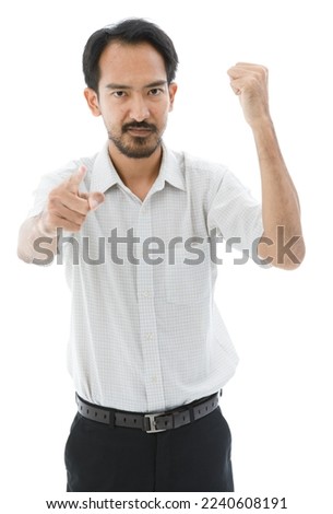 Portrait isolated cutout studio shot of Asian happy bearded and frontal baldness male businessman standing smiling look at camera holding hand up on white background.