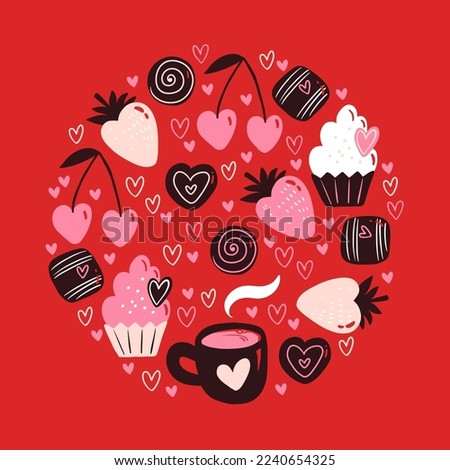 Vector round pattern for Valentines Day. Cupcake, cherry, strawberry and chocolate candies. Doodle illustration for wallpaper, fill web page background, surface textures